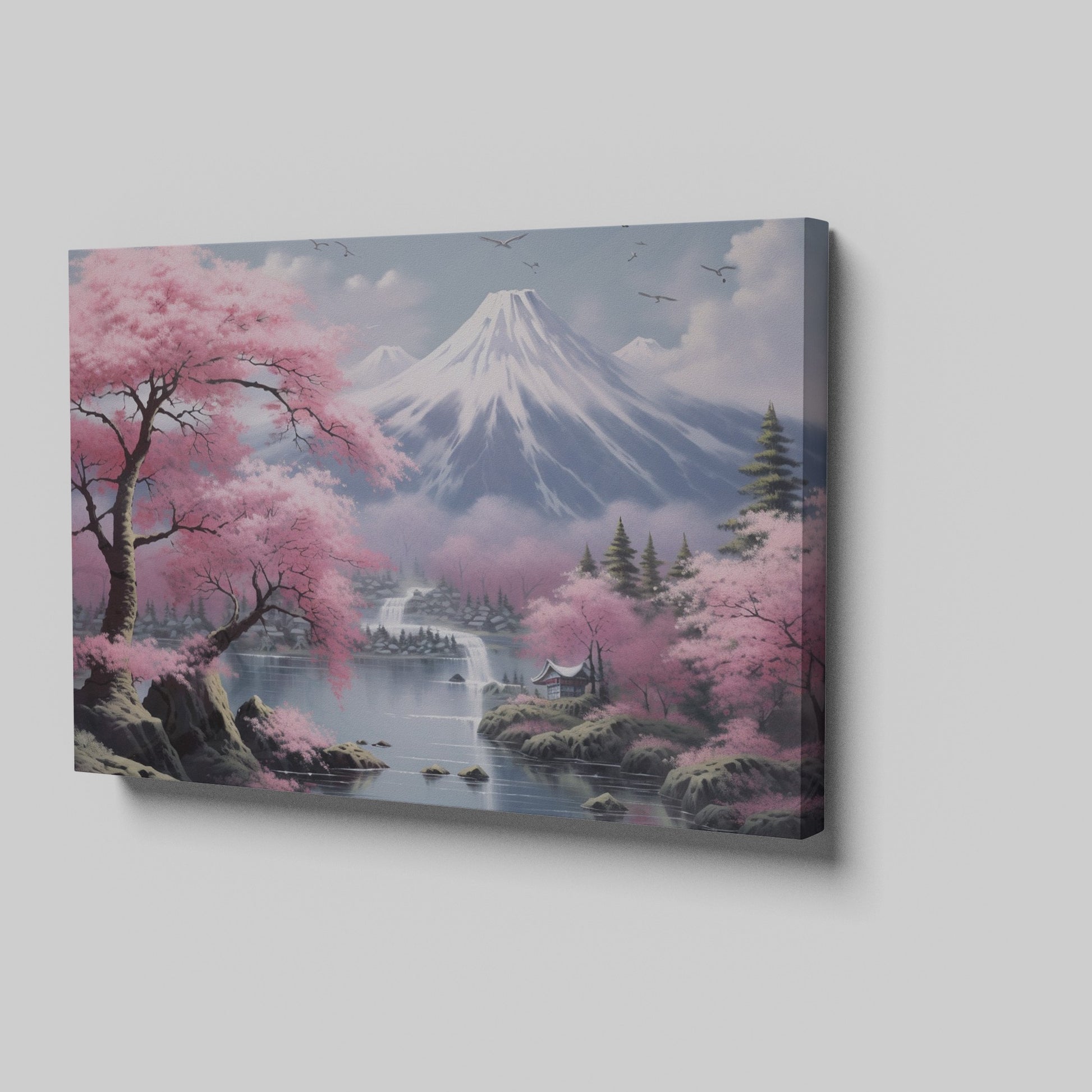 Framed canvas print of a serene Japanese landscape with pink cherry blossoms and Mount Fuji