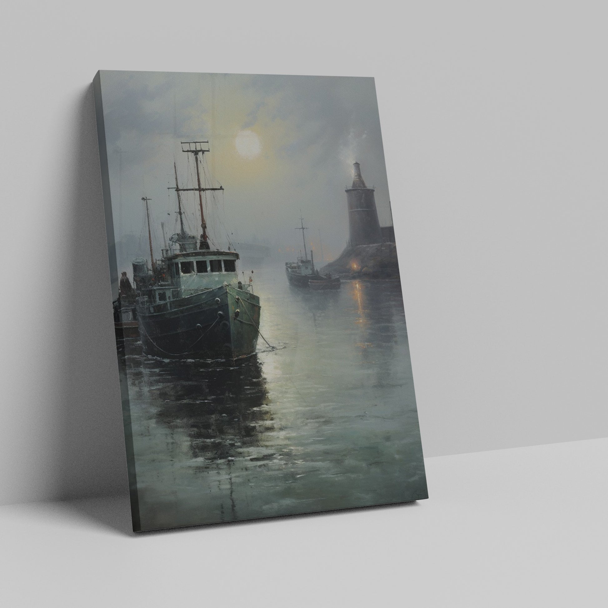 Framed canvas print of tranquil harbour scene with fishing boats and a lighthouse under a misty moonlit sky