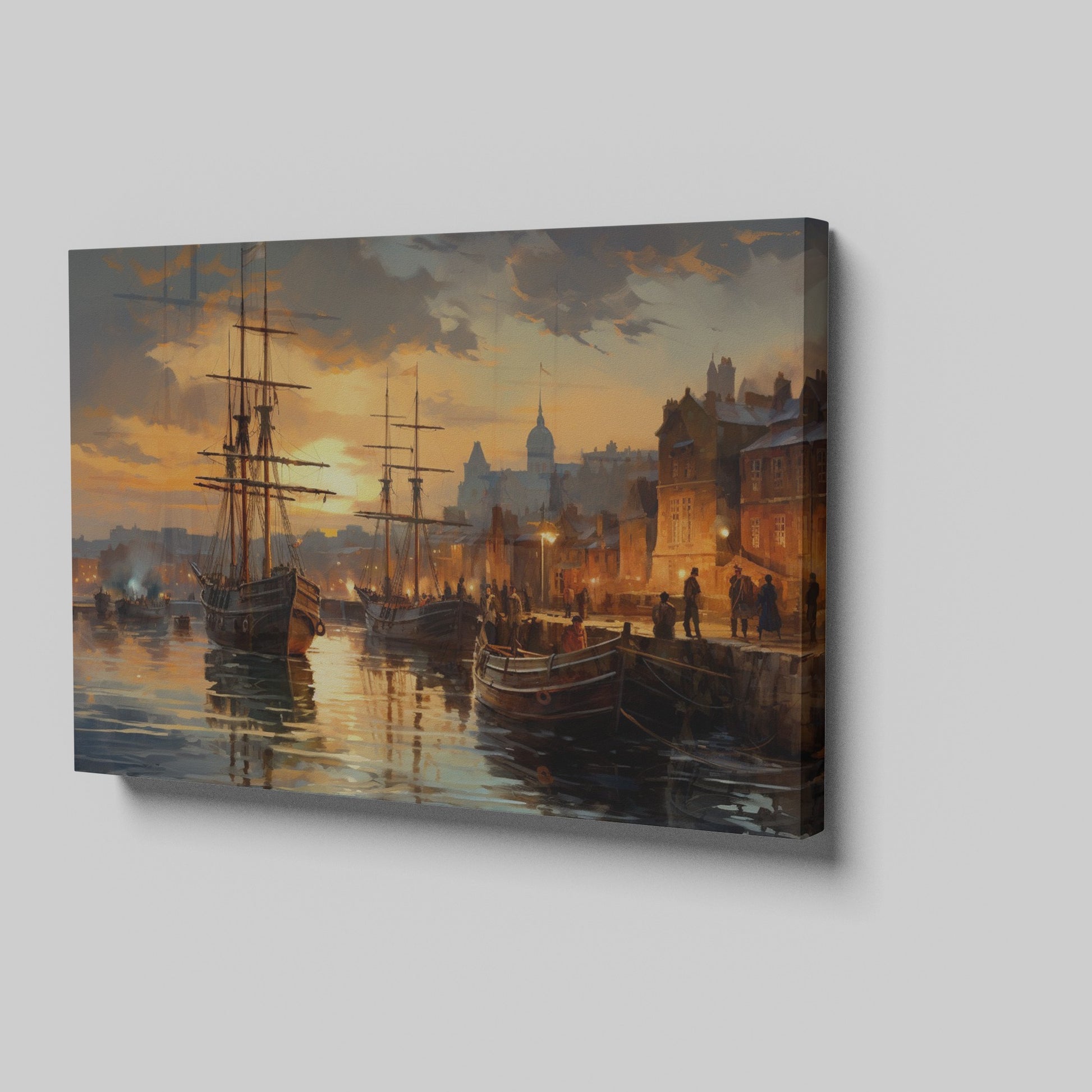 Framed canvas print of a historical port with sailing ships at sunset, featuring warm golden hues and reflective water