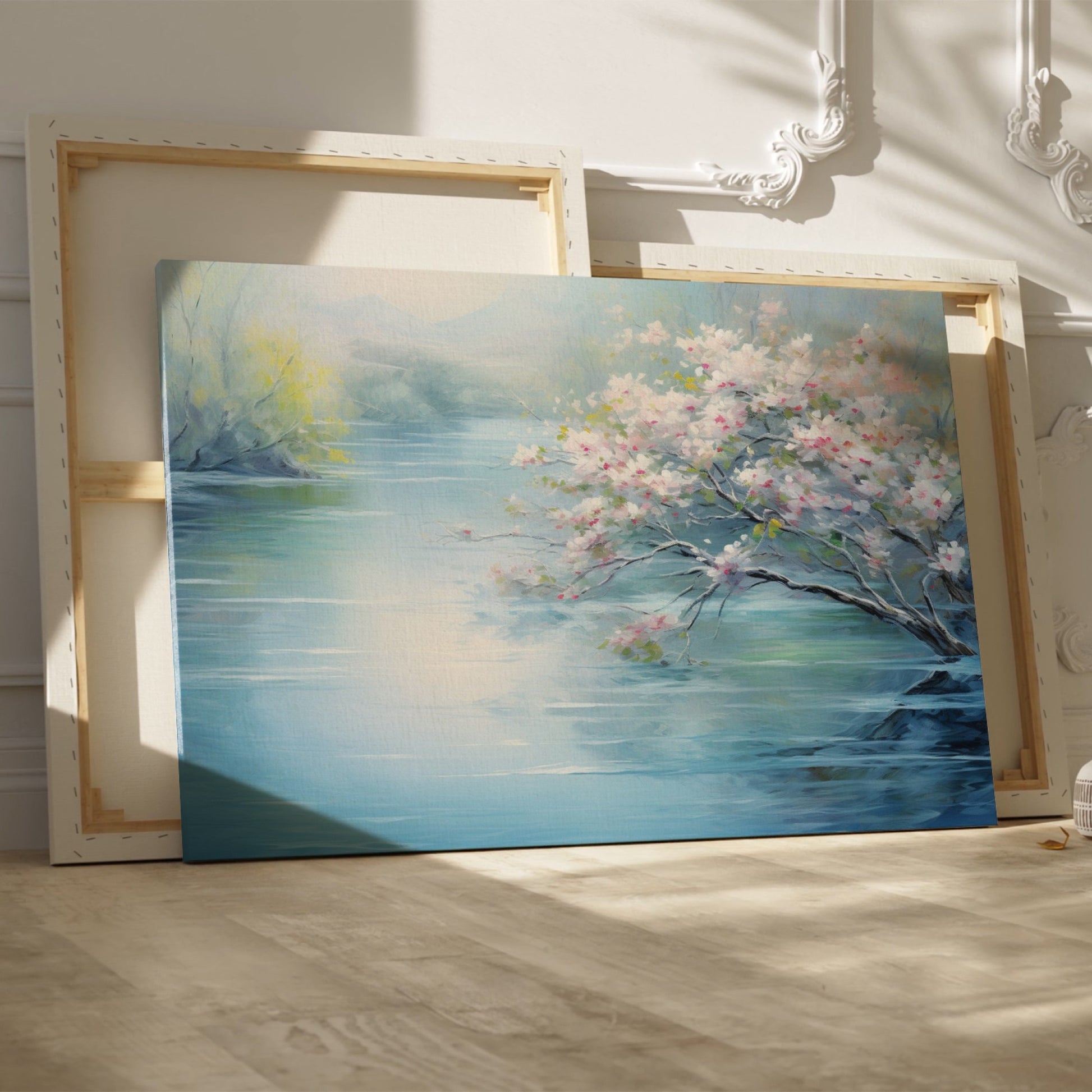 Framed canvas print of serene riverscape with cherry blossoms in impressionist style