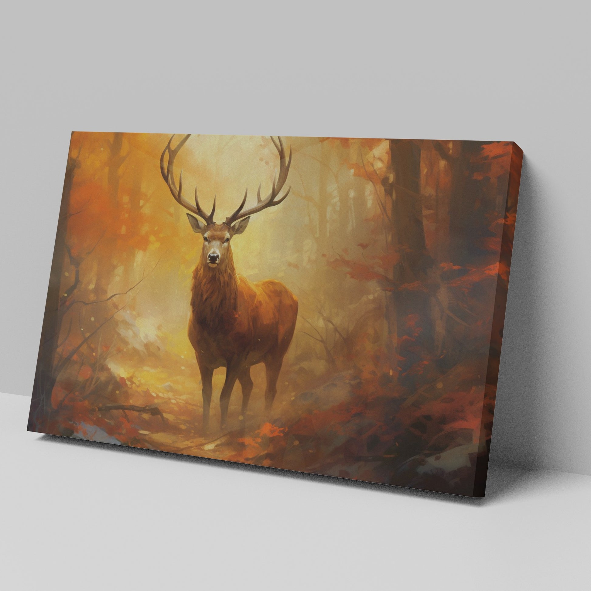 Framed canvas print of a majestic stag in a vivid autumn forest