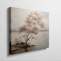 Framed canvas print of a tranquil lake landscape with an autumn tree at dusk