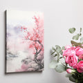 Framed canvas print of a misty cherry blossom landscape with pink florals and soft mountain backdrop